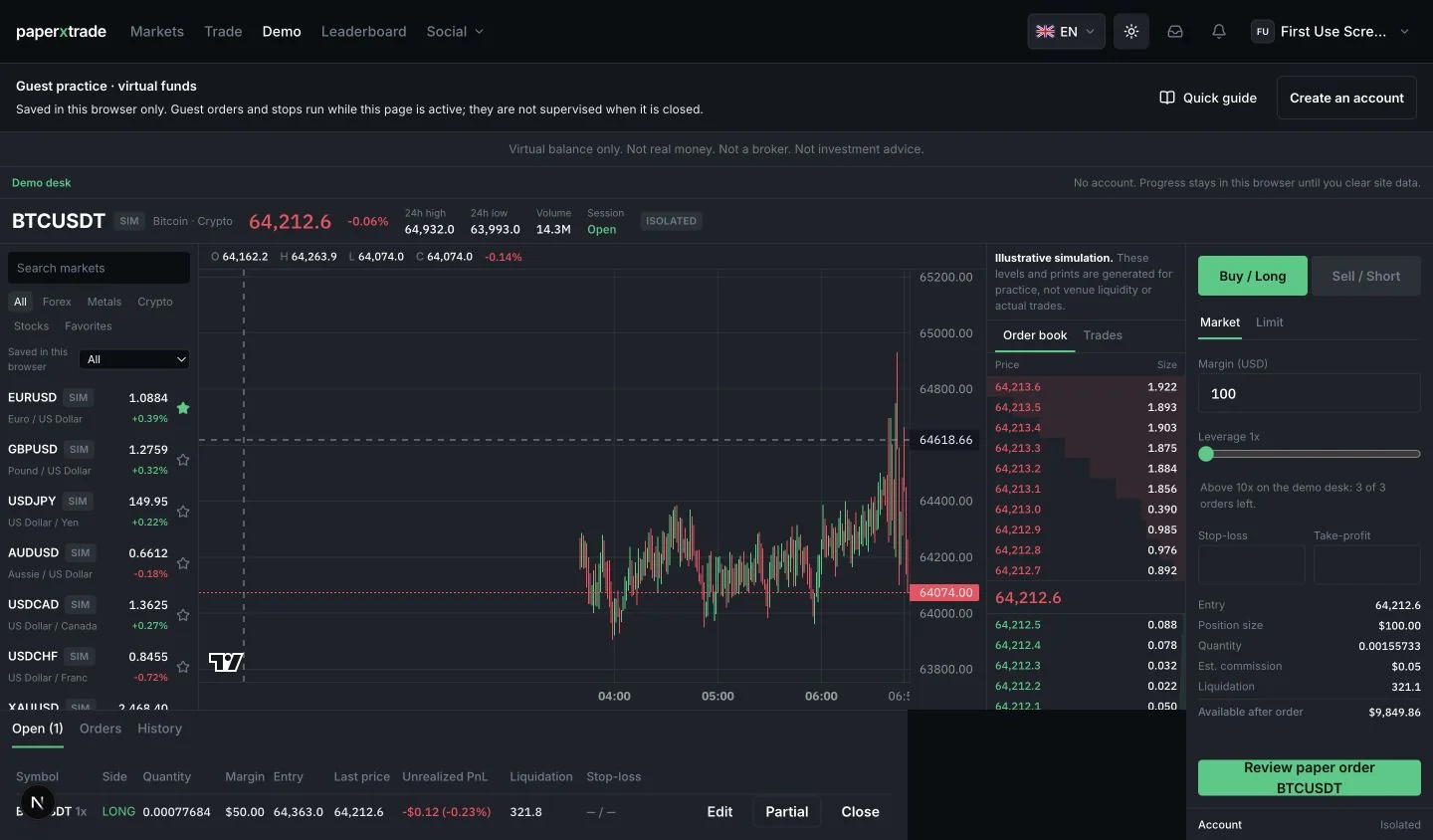 Karanlık modda PaperXTrade masası: BTC/USDT mum grafiği, piyasa listesi, emir defteri ve emir paneli.
