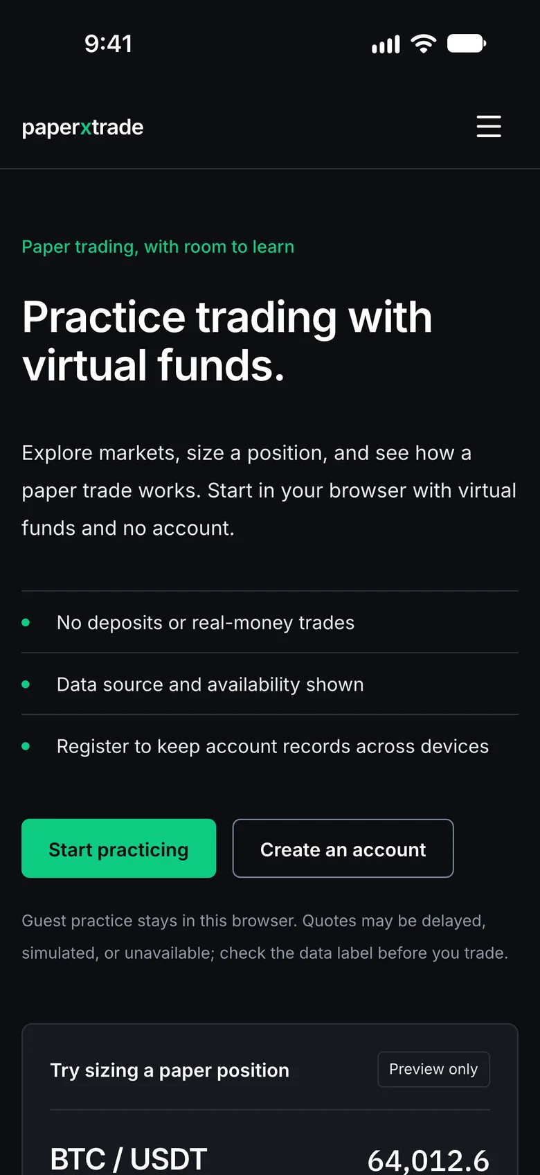 The PaperXTrade home page on a phone: Practice trading with virtual funds.