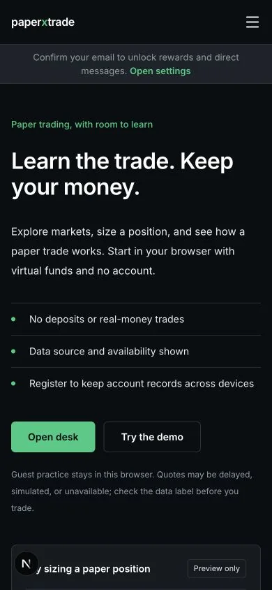 Telefonda PaperXTrade ana sayfası: Learn the trade. Keep your money.