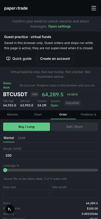 Emir paneli: Buy/Long ve Sell/Short düğmeleri ve kaldıraç kaydırıcısı