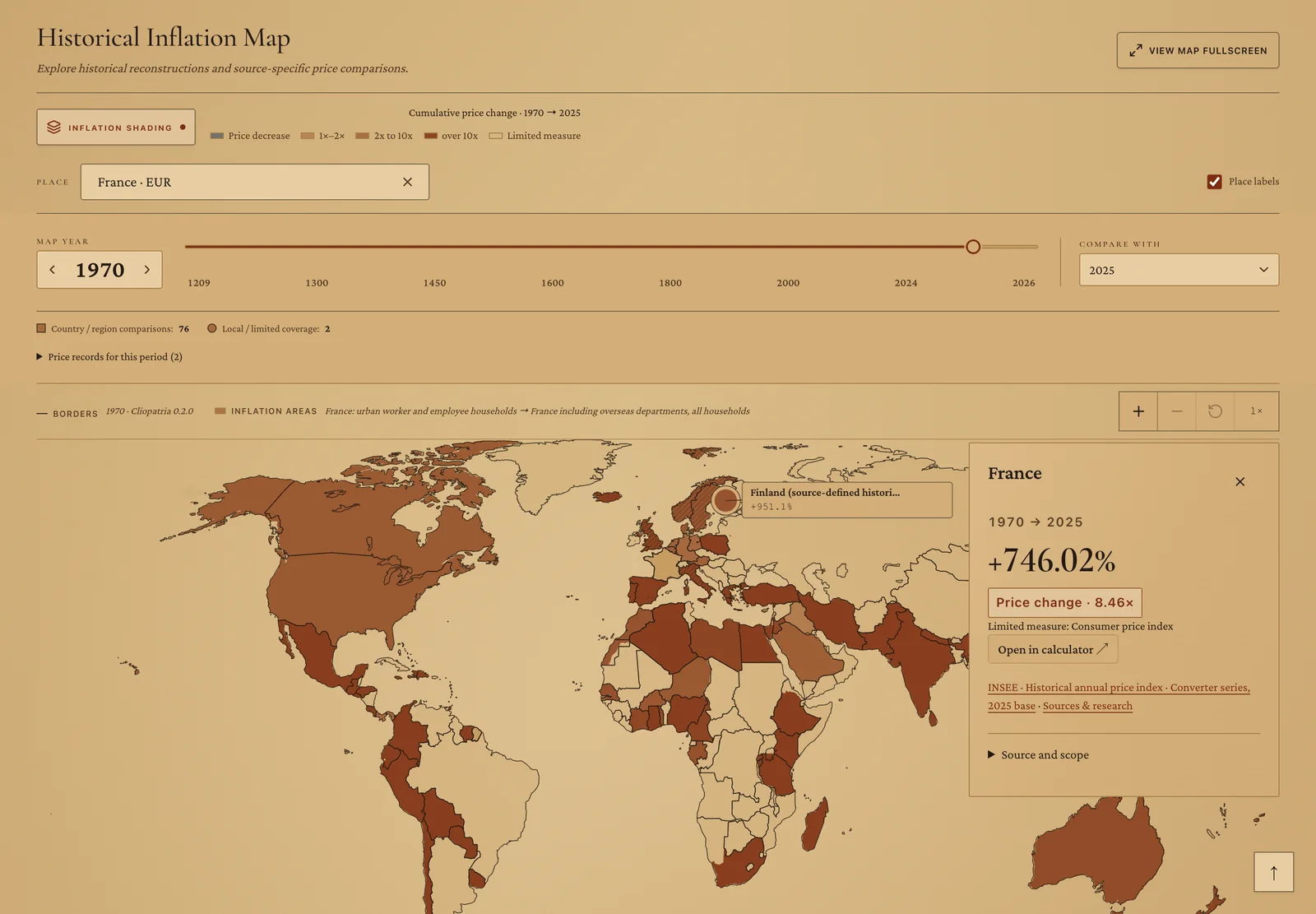 The Historical Inflation Map set to 1970. France is selected, showing a 746.02% price change from 1970 to 2025 from INSEE’s historical price index, and countries with data are shaded.